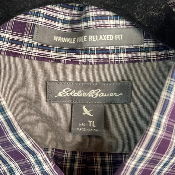 Eddie Bauer Mens Wrinkle Free Relaxed Fit Button Down Shirt Burgundy Plaid LTall - Picture 10 of 13